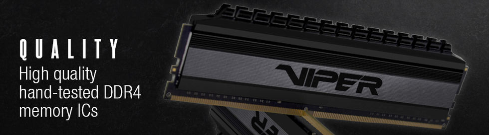  Two Patriot Viper 4 Blackout RAMs in X-shape arrangement. Next to them on the left are texts reading as “Quality” and “high quality hand-tested DDR4 memory ICs”  